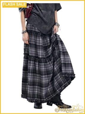 Women's Gingham Plaid Tiered Maxi Skirt Ruffle A-Line Long Flowy